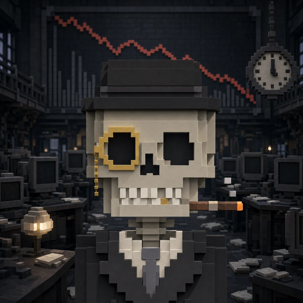 A voxel skeleton broker in a bowler hat and monocle, cigar in his teeth, on a dead trading floor.